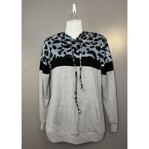 Bluetime Hoodie Womens Small Gray Leopard Colorblock Pullover Sweatshirt